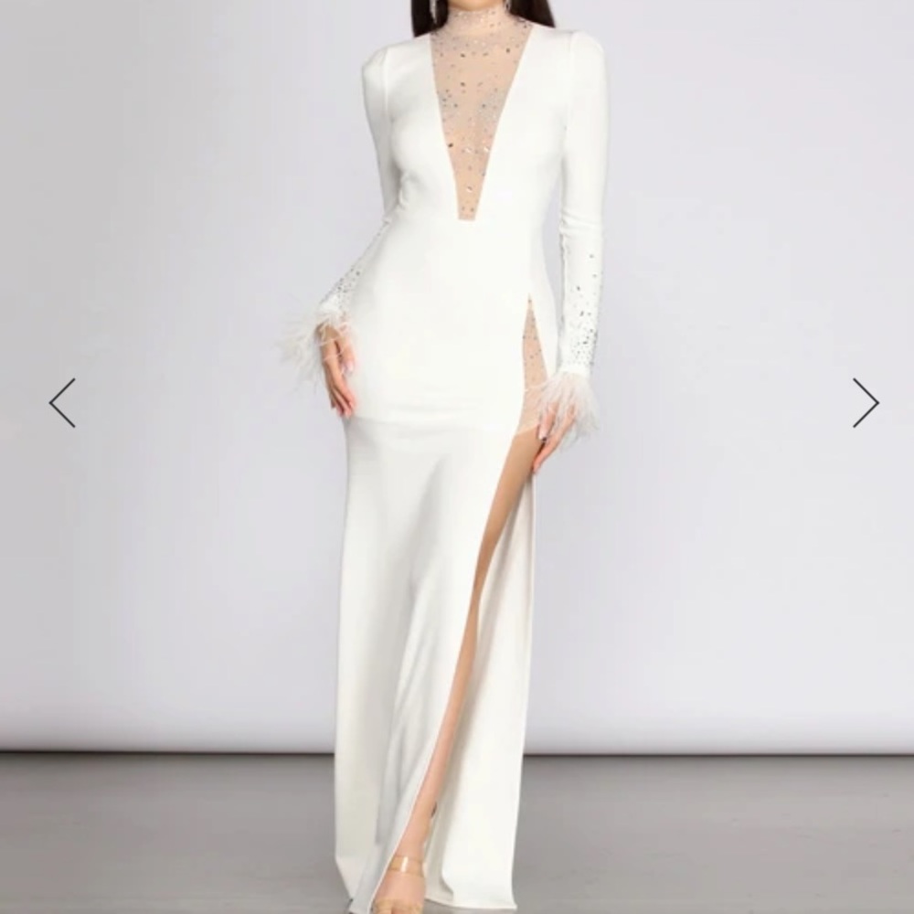 BEKA MESH AND HEAT STONE HIGH SLIT DRESS